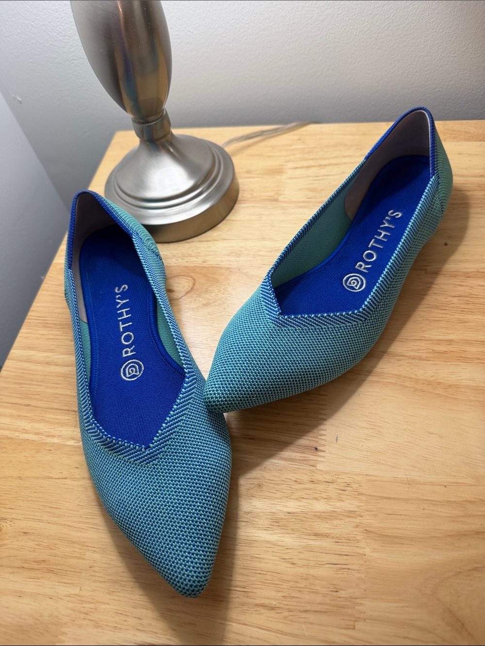 Rothy's Pointed Knit Flats in Teal and Blue